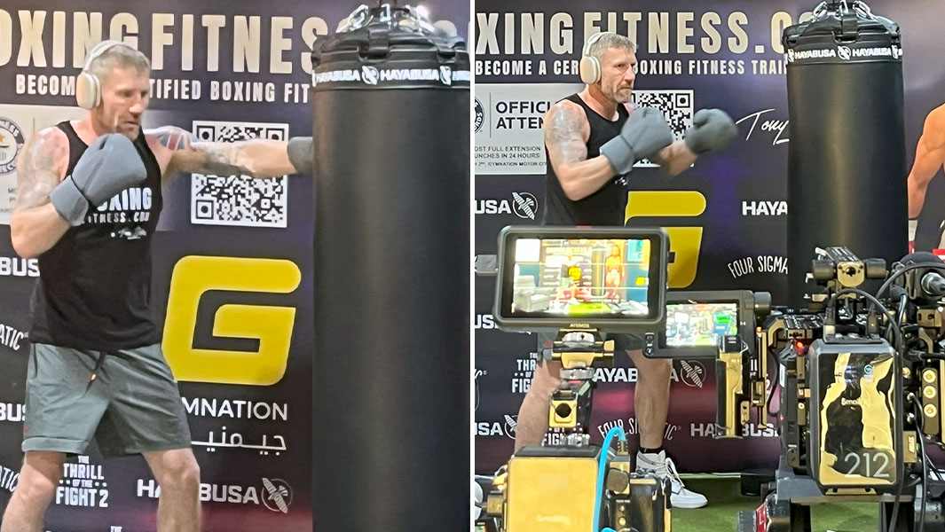 Split image of Tony Jeffries punching a punchbag