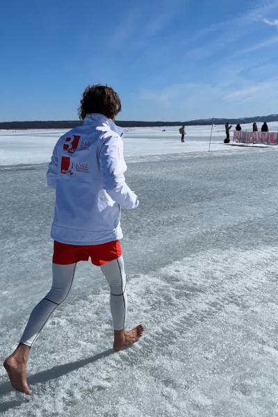 Pawel running across ice