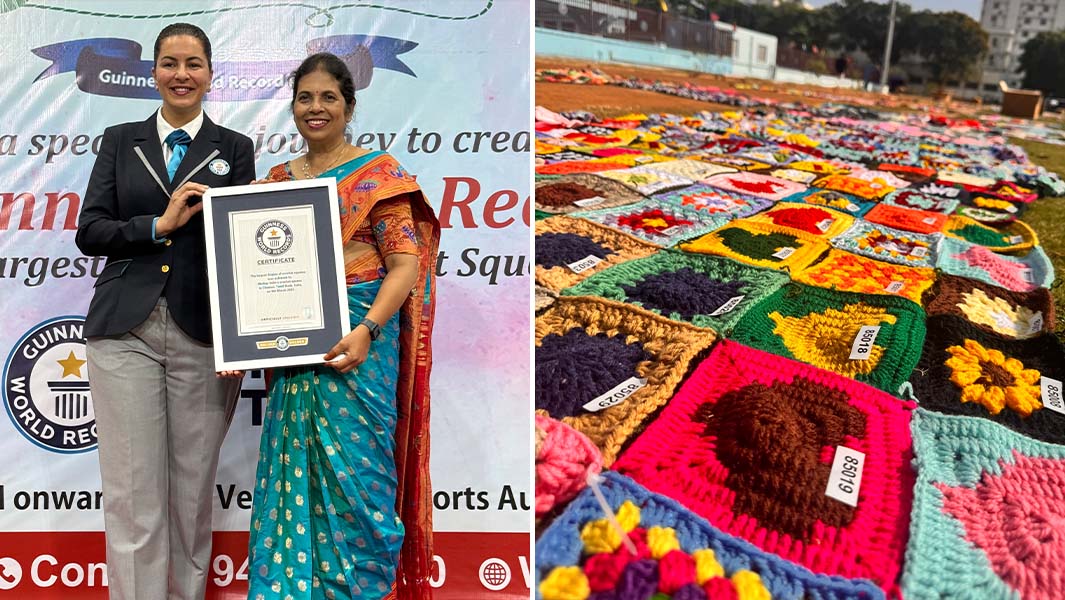 split image of GWR certifucate presentation and close up of the crochet squares