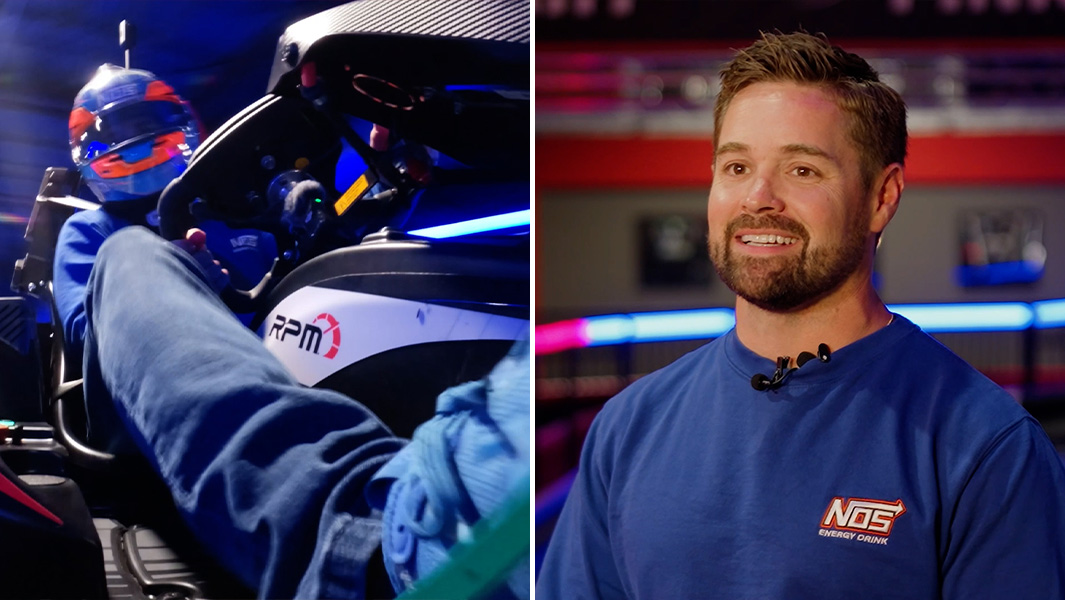 split image of NASCAR driver Ricky Stenhouse Jr driving a go-kart and talking to the camera
