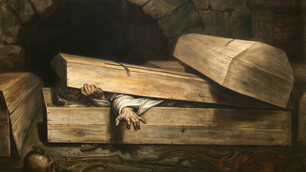 Emerging from a coffin