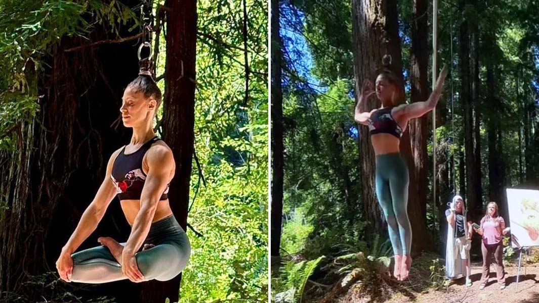 split image of Leila hanging by her hair in different poses