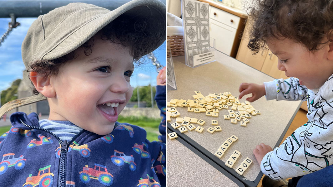 Split image of Joseph on a swing and spelling words