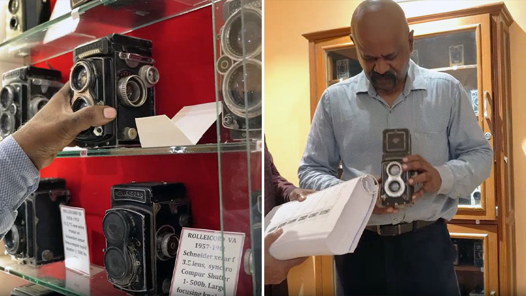 Split image of Dr Arun reaching for a camera on a shelf and holding one