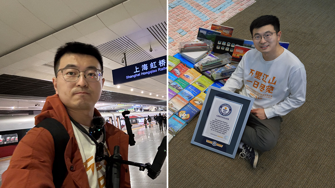 split image of wangdong traveling in trains and holding gwr certificate