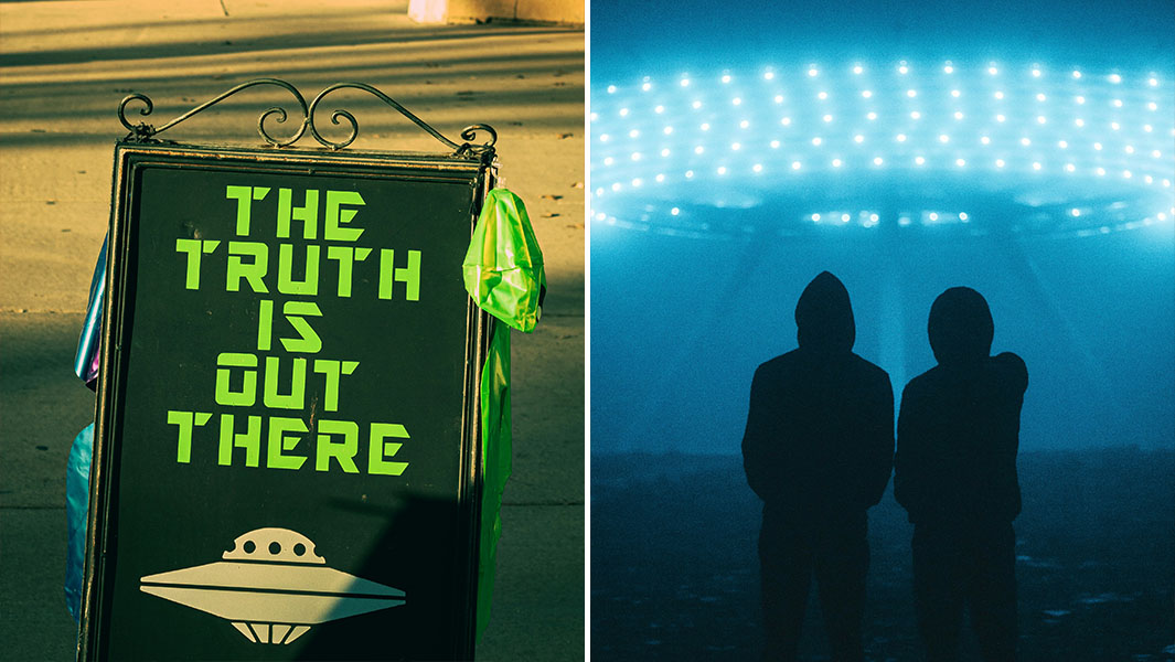 Split image of a sign readsing ' the truth is out there' and two boys standing in front of a landing UFO