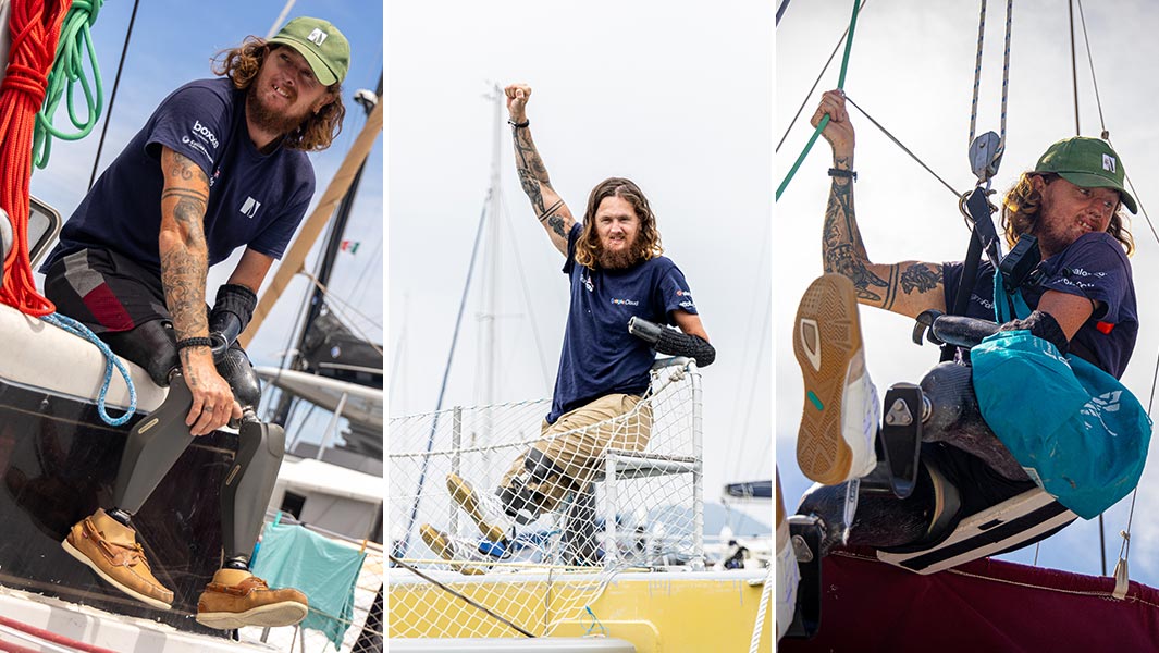 Series of images of triple amputee army veteran turned adventurer Craig Wood on board his catamaran Sirius II