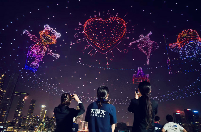 characters formed by drones in the sky