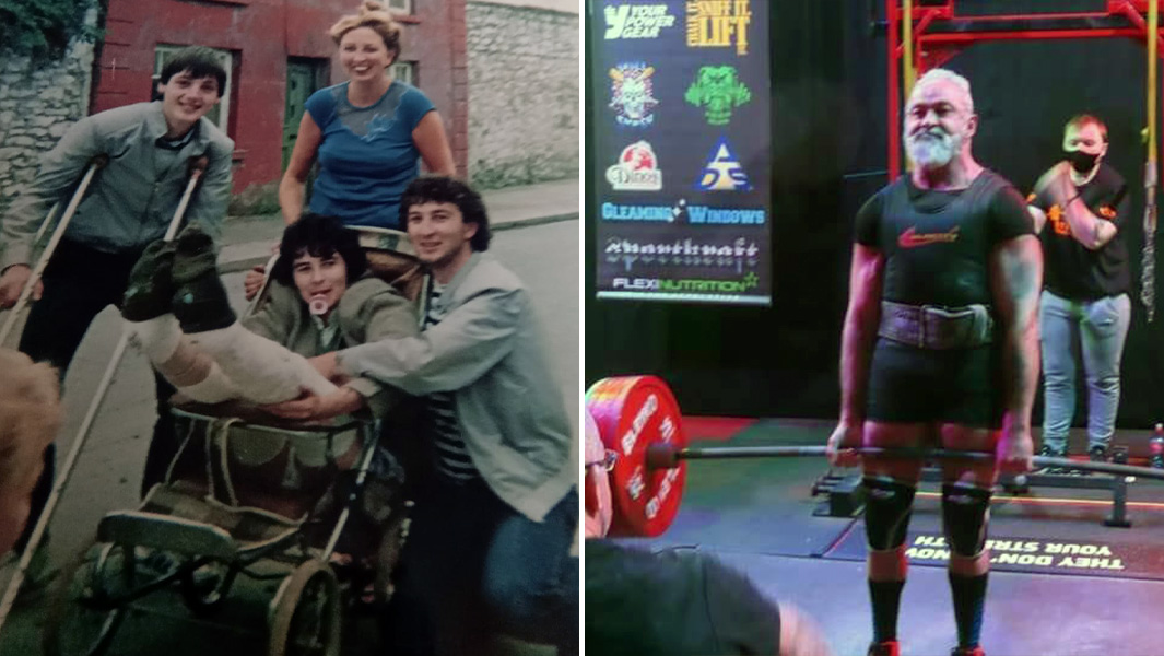 split image of Liam being pushed in a pram with broken legs and doing the heaviest deadlift