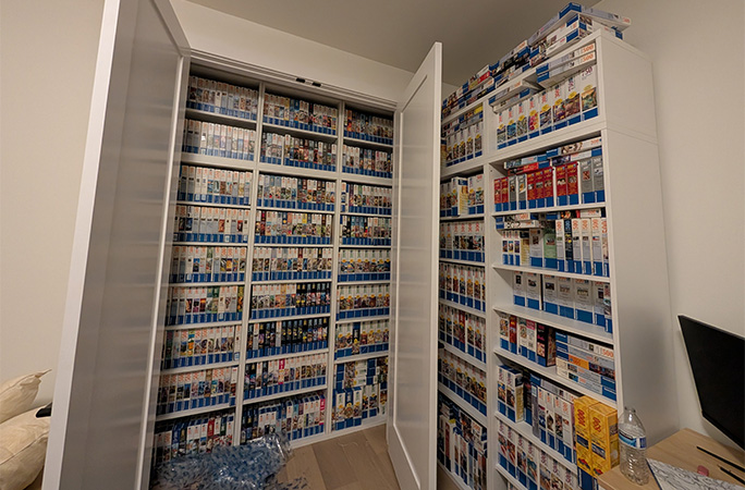 jigsaw puzzles on shelves