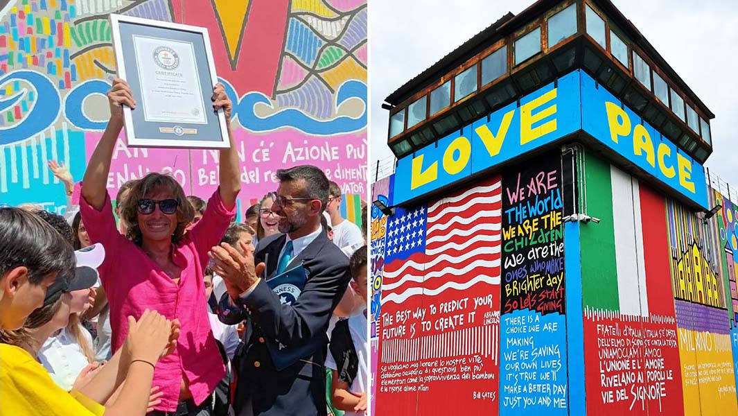 split image of largest mural by one artist and artist holding up his certificate