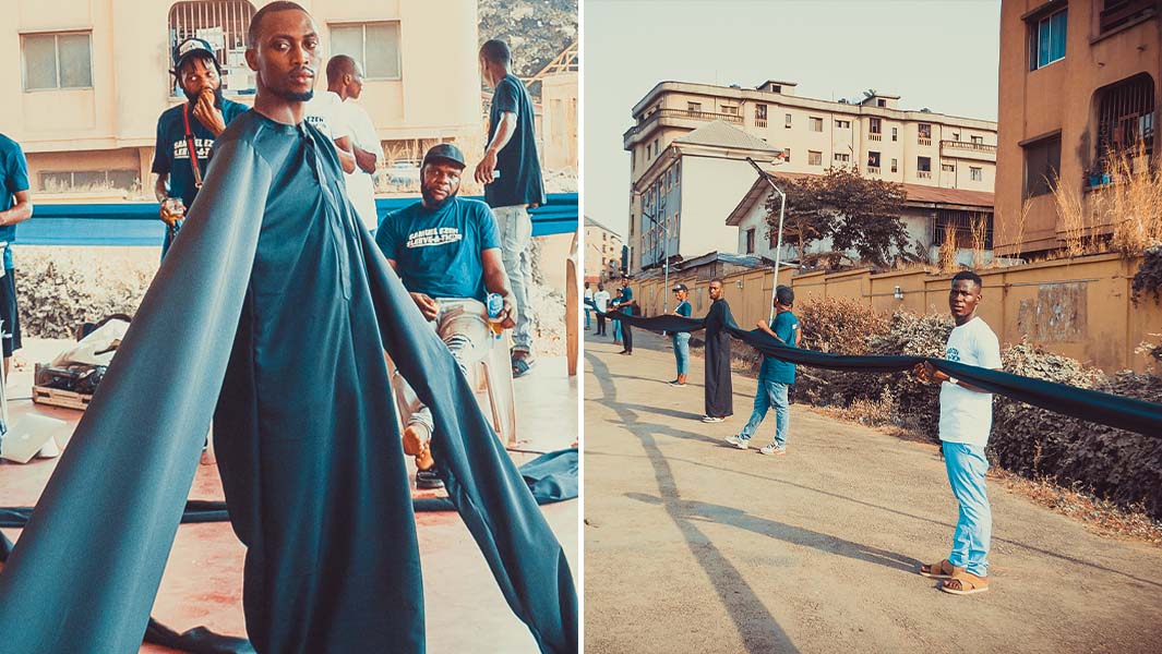 split image of Samuel close up in the garment and with the sleeves stretched out