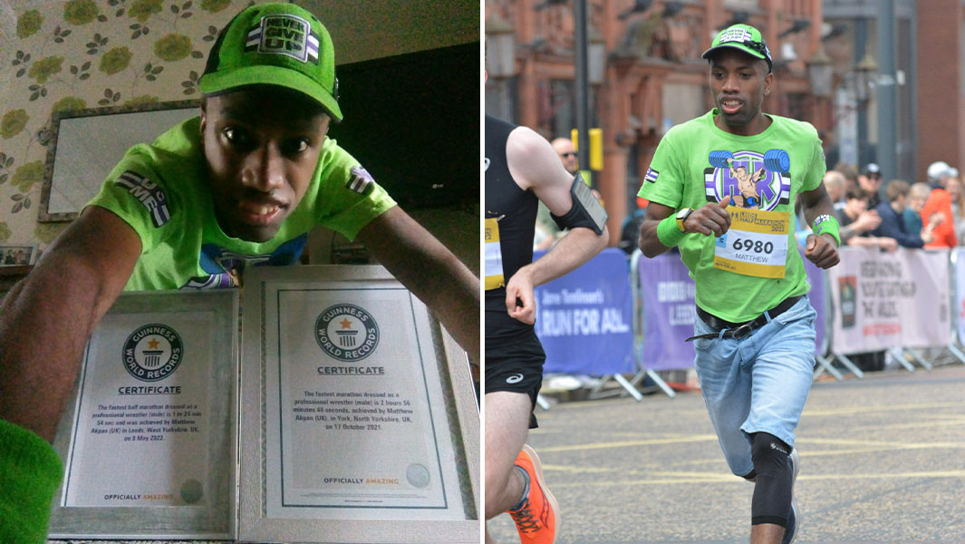 split image of Matthew Akpan with his certificates and running