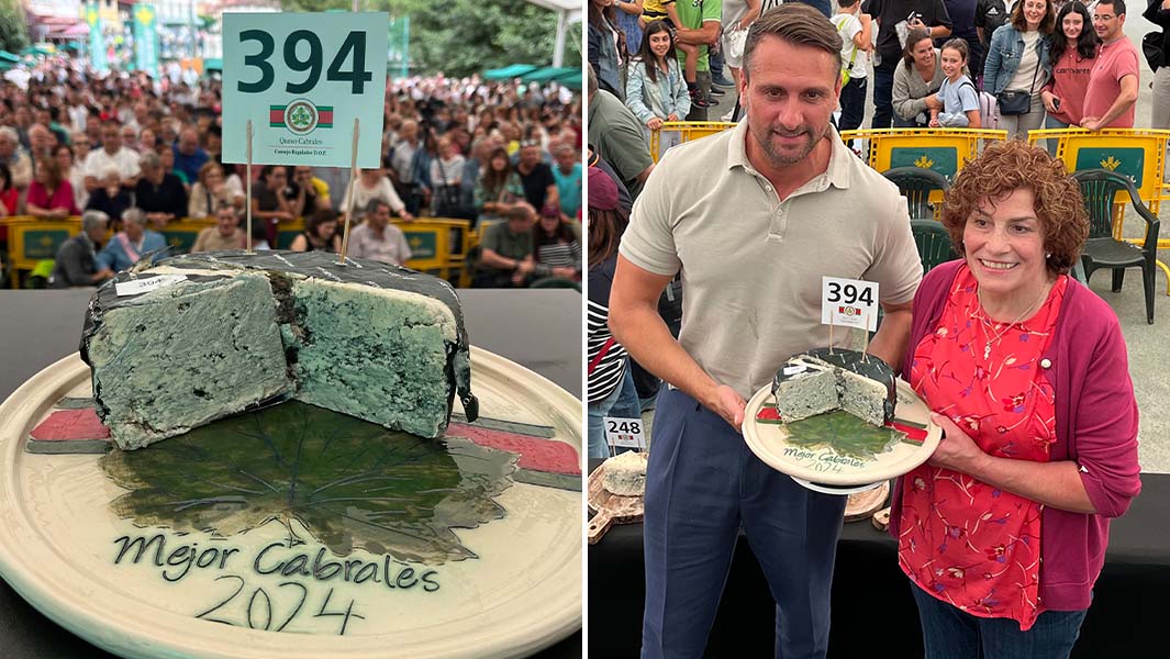Split image of the most expensive cheese sold at auction on a plate and being held up by a man and woman