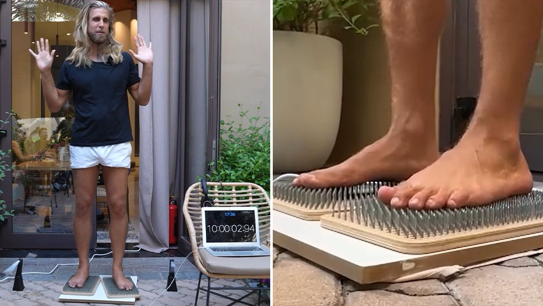 split image of Ferdinand standing on the nail board and a close up of his feet