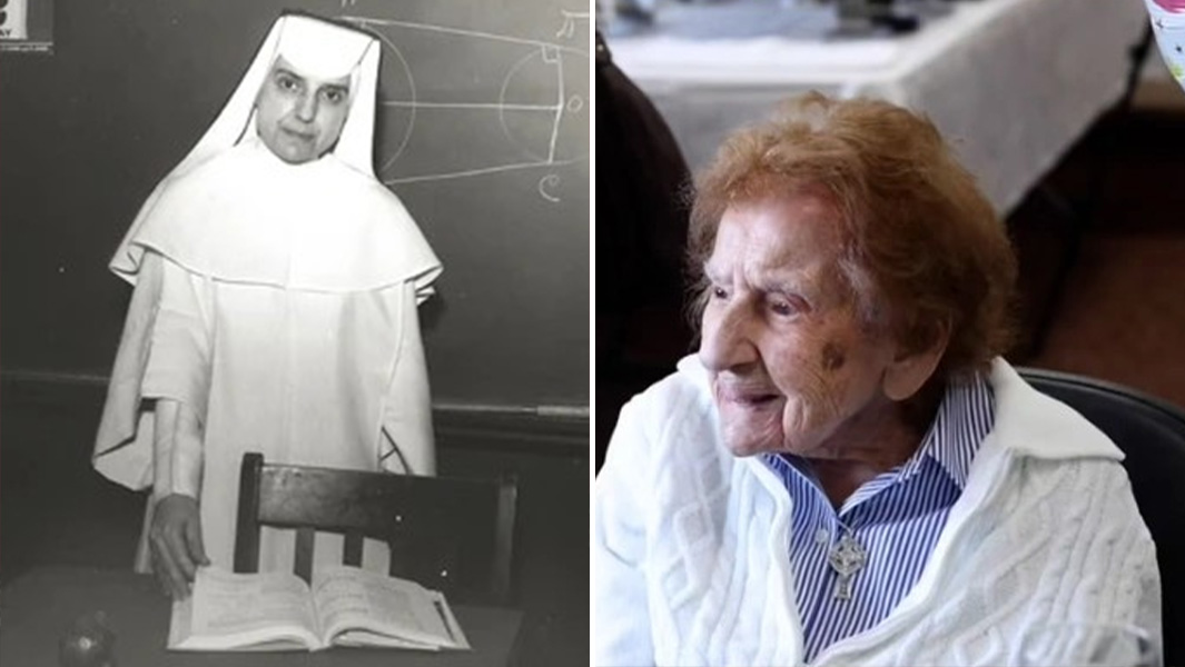 Split image of Sister Francis when she was a child and now