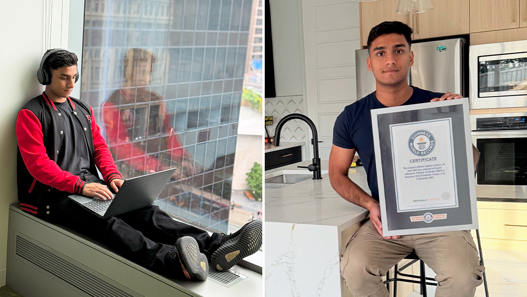 Split image Rayyan working on window sill and holding record certificate