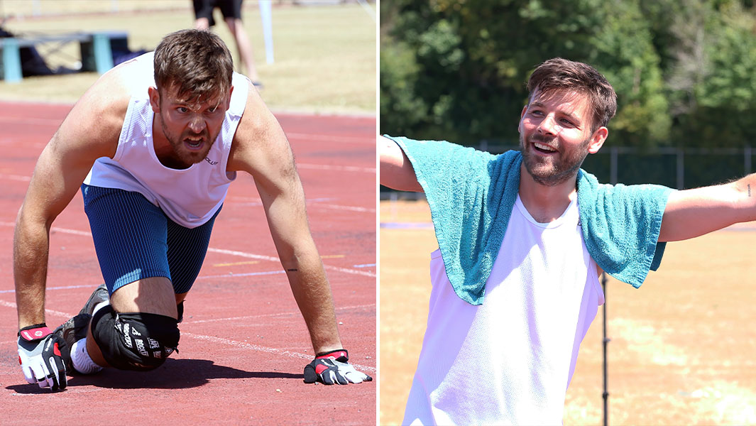 split header of Tom crawling 100 m and celebrating