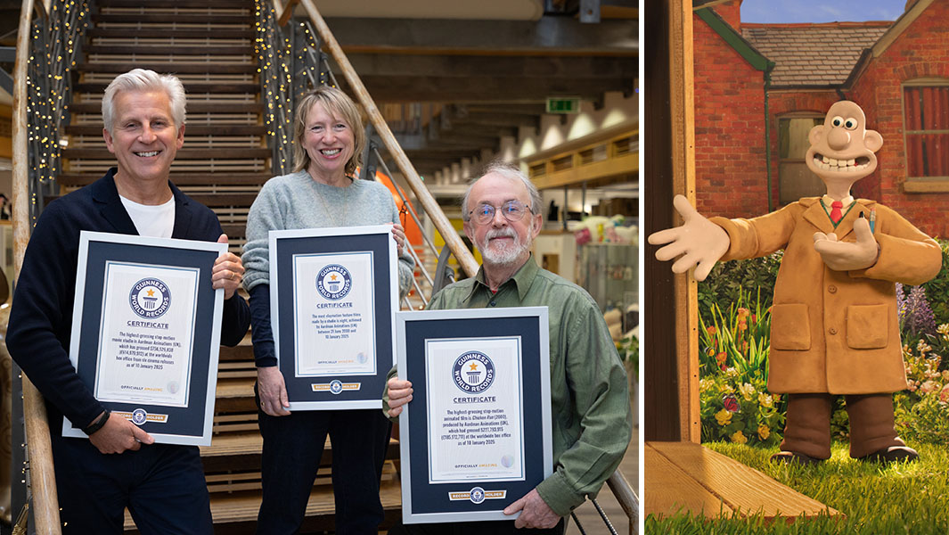 A picture of Aardman's Sean Clarke, Sarah Cox and Peter Lord each holding a GWR certificate next to a picture of Wallace holding out his arms