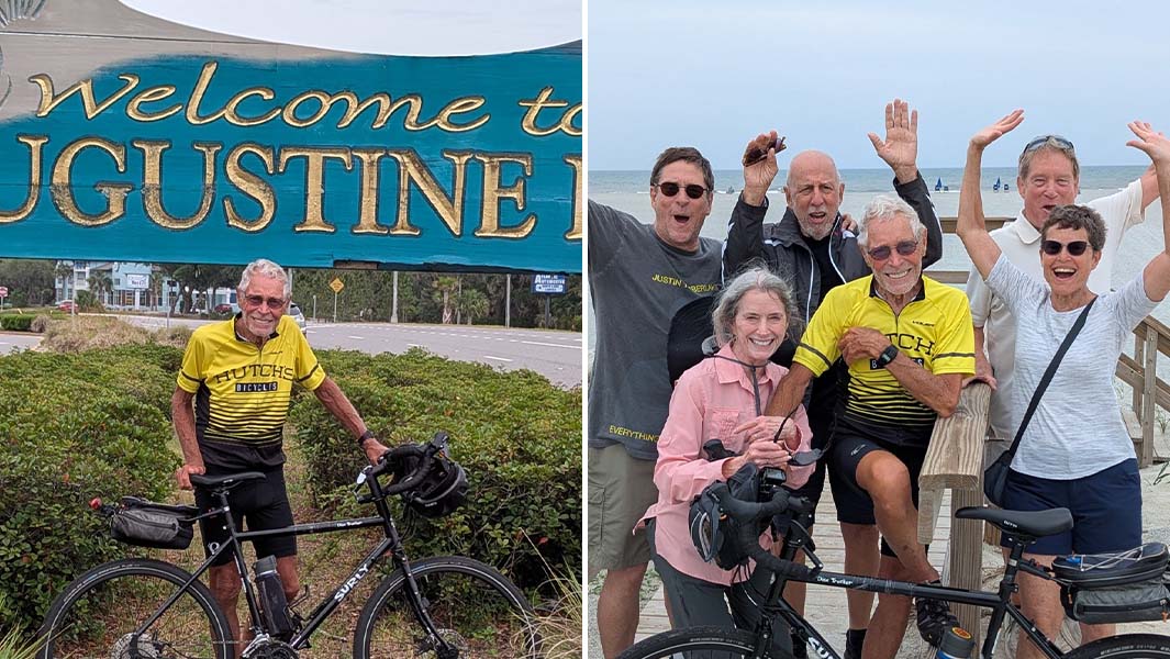 Split image of Bob and his bike in front of St. Augustine sign, and with family on beach