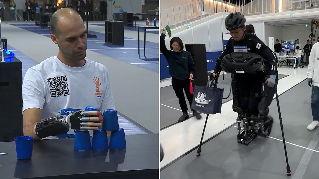 split header of someone stacking cups with a bionic arm and walking with an exoskeleton