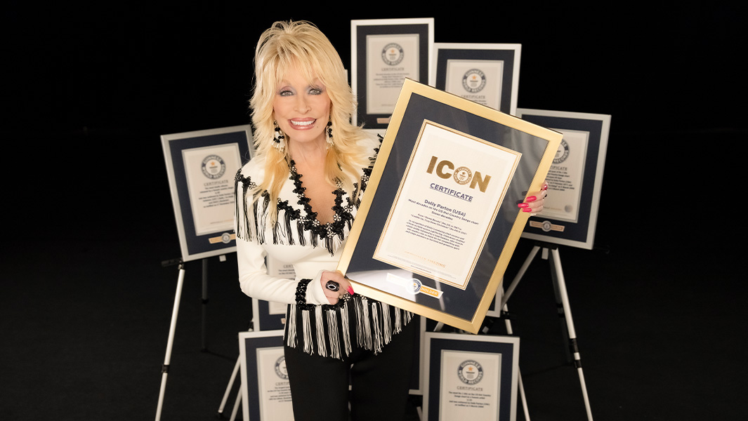 Dolly Parton with her GWR certificates and new ICON certificate