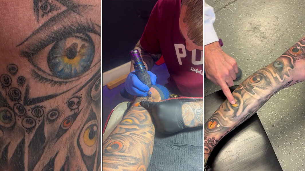 Three-way split image of Chadwyck's tattoos