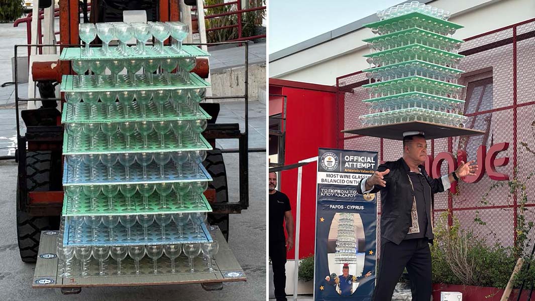Split header of stacked glasses and Aristotelis balancing the glasses on his head