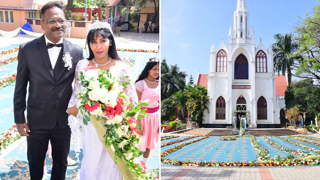 split image of the couple close up and with their children outside the church with the bouquet laid out