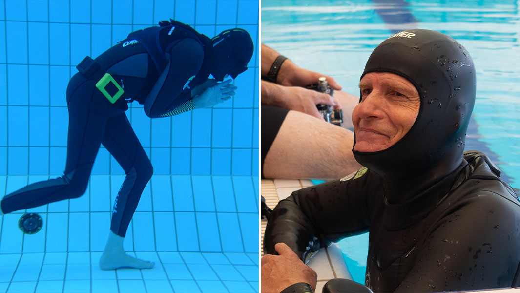 split header of diver in the pool and under the water