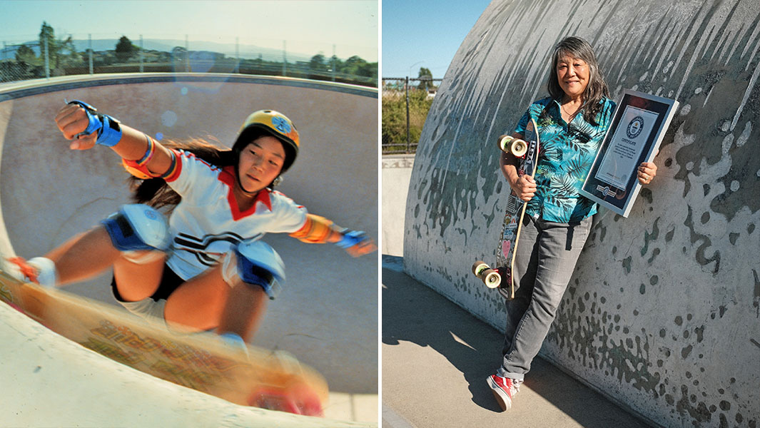 Split image of Judi Oyama skateboarding as a teenager and senior