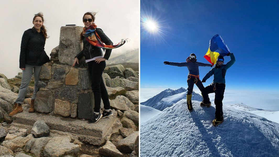 split image of the twins summiting two different mountains
