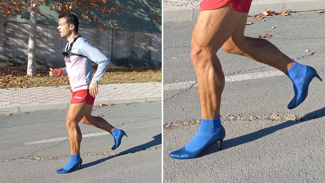 split image of Christian running in his heels and close up of his feet