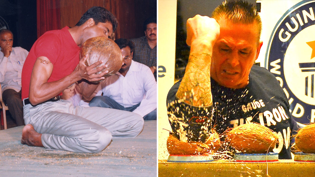 split image of a man husking a coconut with his teeth and a man smashing coconuts with his elbows