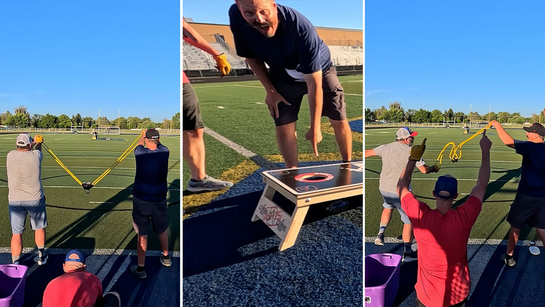split image of the longest cornhole shot with a slingshot