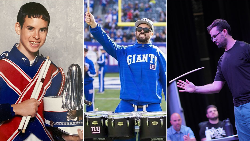 split image of Eric Carr playing the drums in high school and now