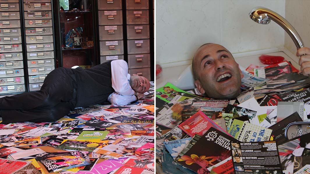 Split image of Marco sleeping and taking a bath with his flyers