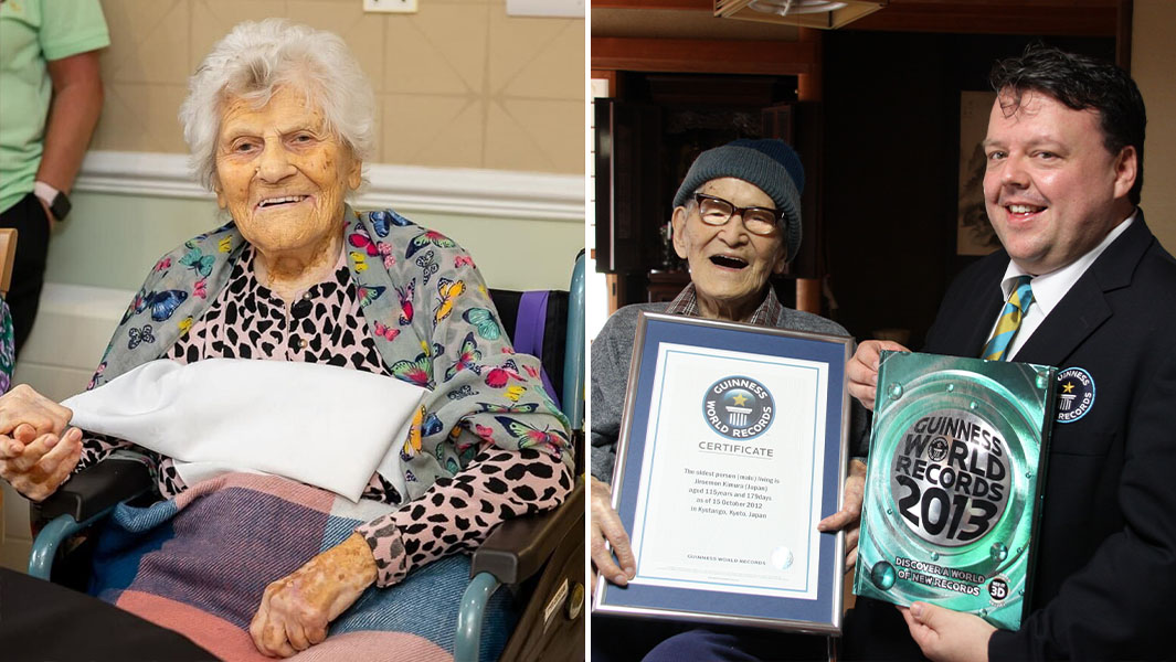 split image of current oldest woman/person and the oldest man ever