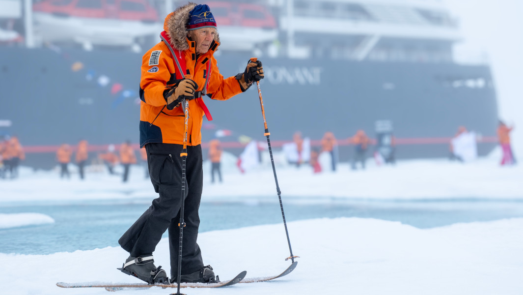 Dick skiing near the ship in the North Pole