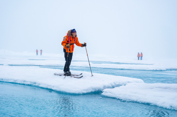 Dick skiing across an ice floe