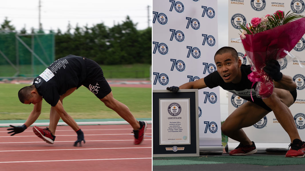 Split image of Ryusei Yonee running on all fours and posing for the camera