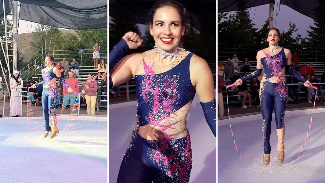 split image of Eszter skipping on the ice and celebrating
