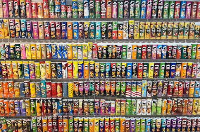 Sonny's wall of Pringles tubes