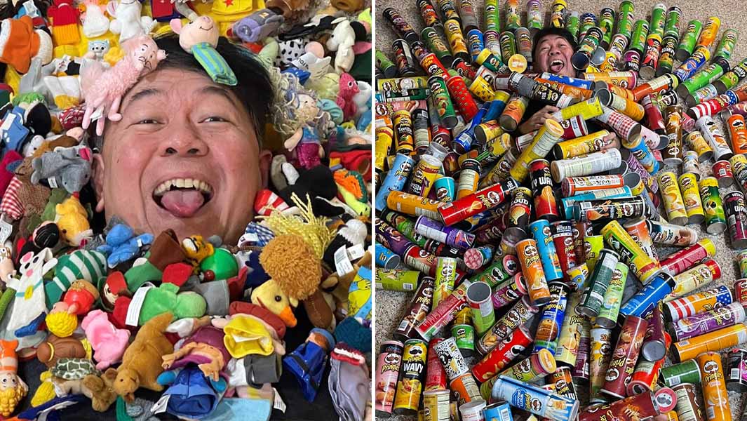 Split image of Sonny surrounded by finger puppets and Pringles cans