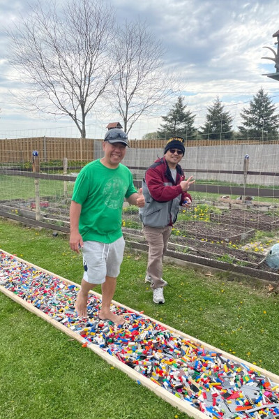 Sonny walking on legos