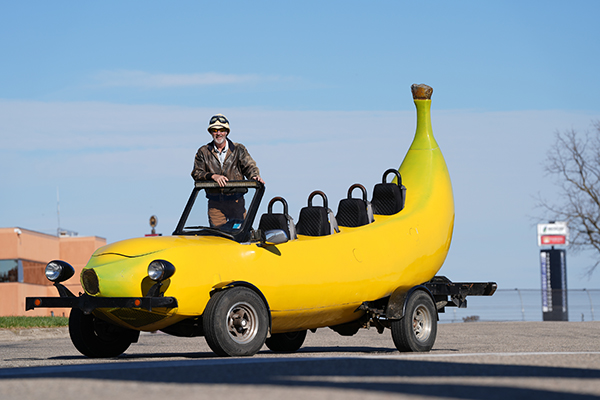 Steve aboard the banana car