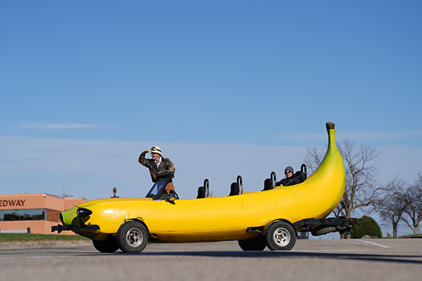 Steve looking at the horizon aboard the banana car
