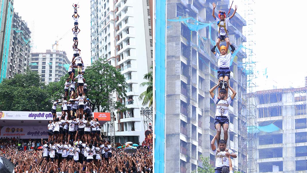 split image of people forming the tallest human pyramid