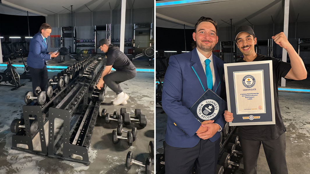 split image of Tareq attempting his record and getting his GWR certificate from an adjudicator