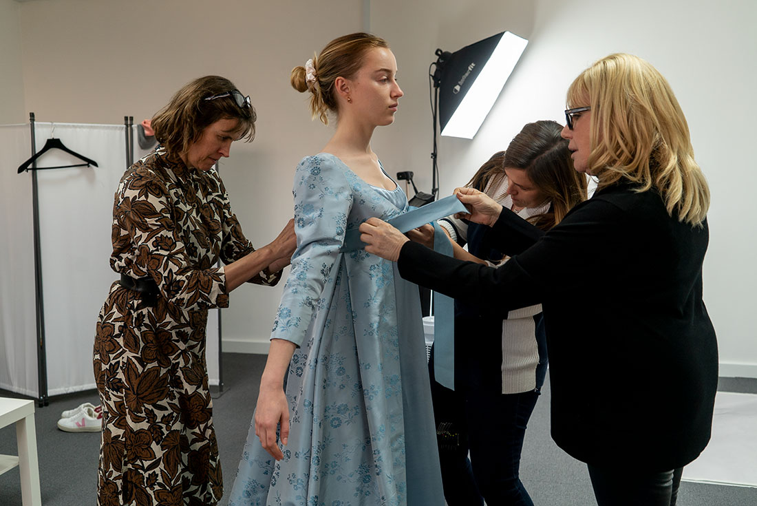 A costume fitting during the production of Bridgerton season 1